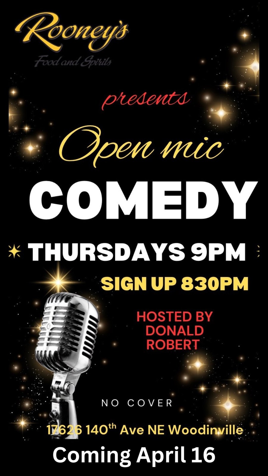 Open Mic Comedy — Thursdays 9 PM, hosted by Donald Robert