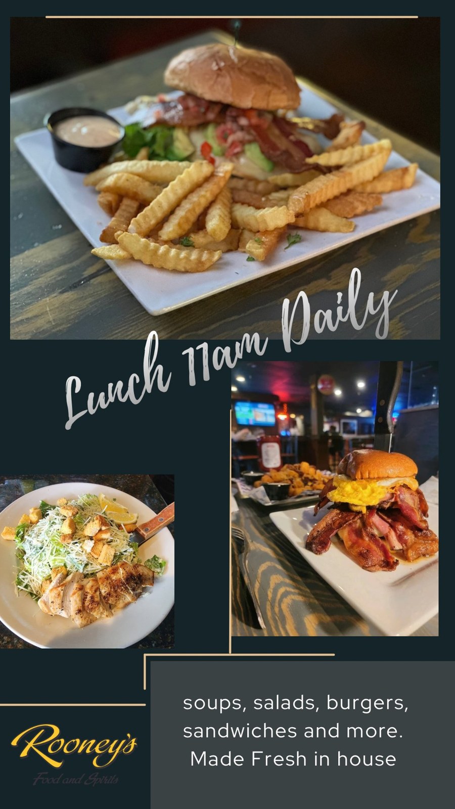Lunch from 11 AM daily — soups, salads, burgers and more