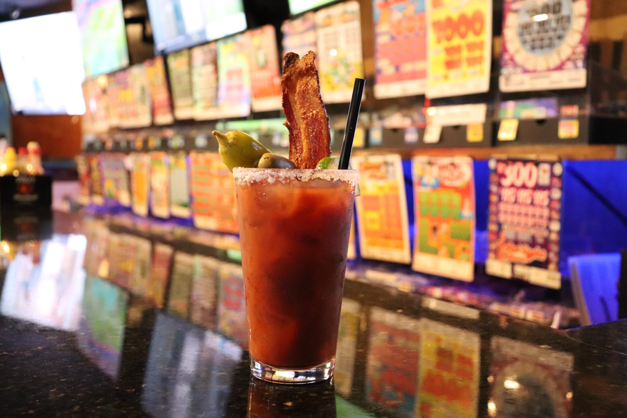 Bloody mary garnished with bacon at Rooneys
