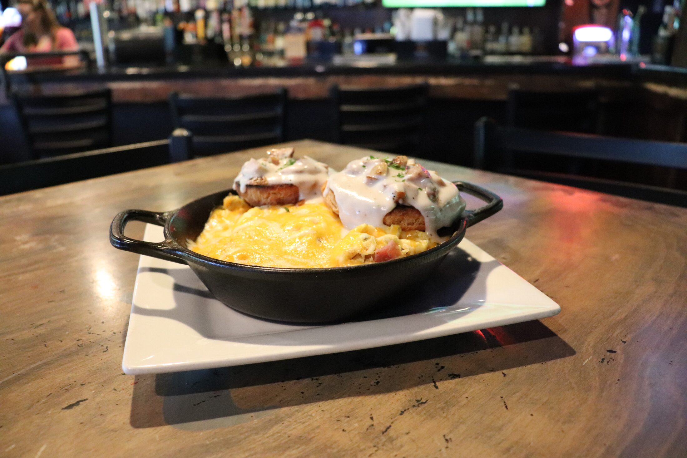 Breakfast skillet with eggs and biscuits served on weekends at Rooneys