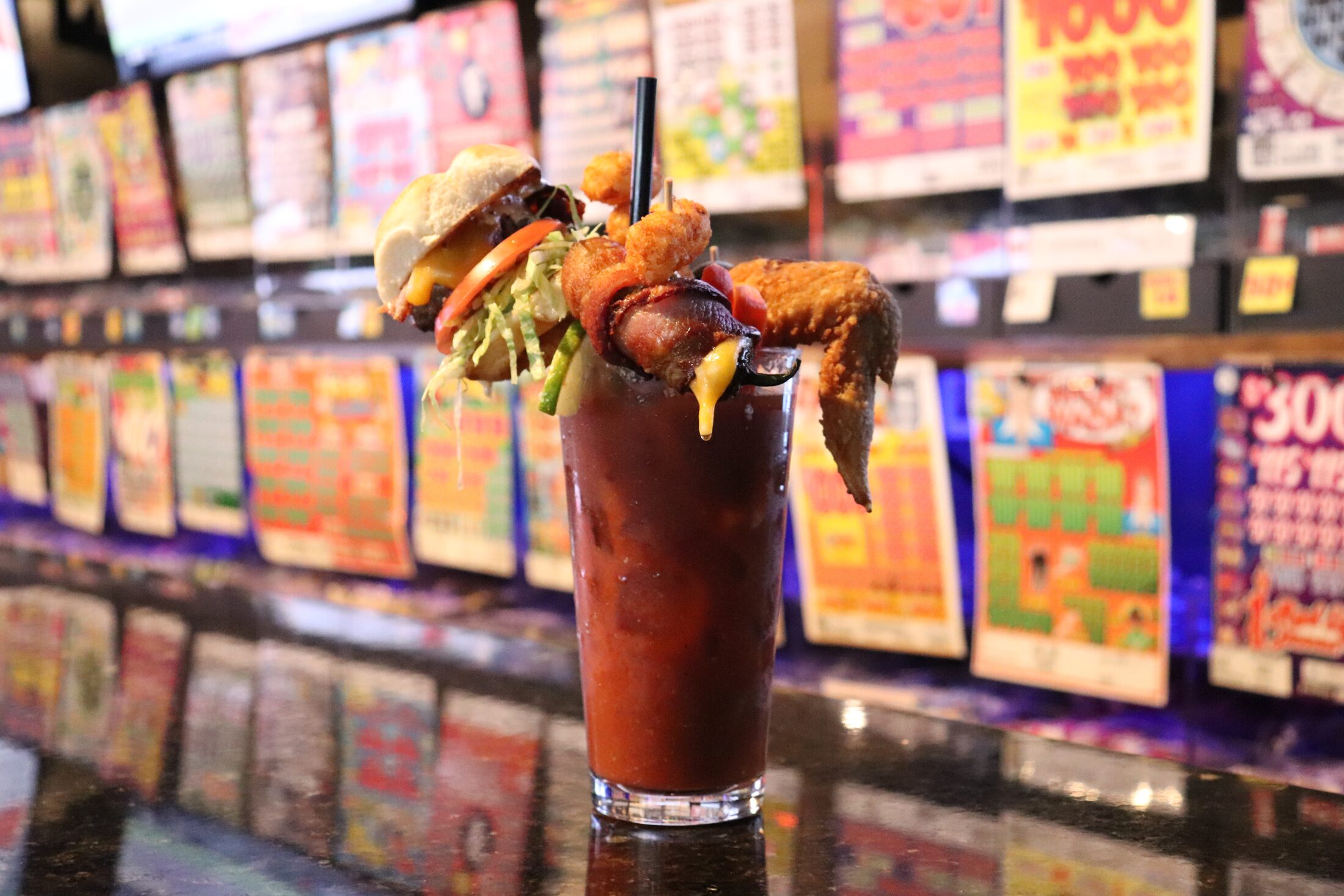 An extreme loaded bloody mary by the pull tabs at Rooneys