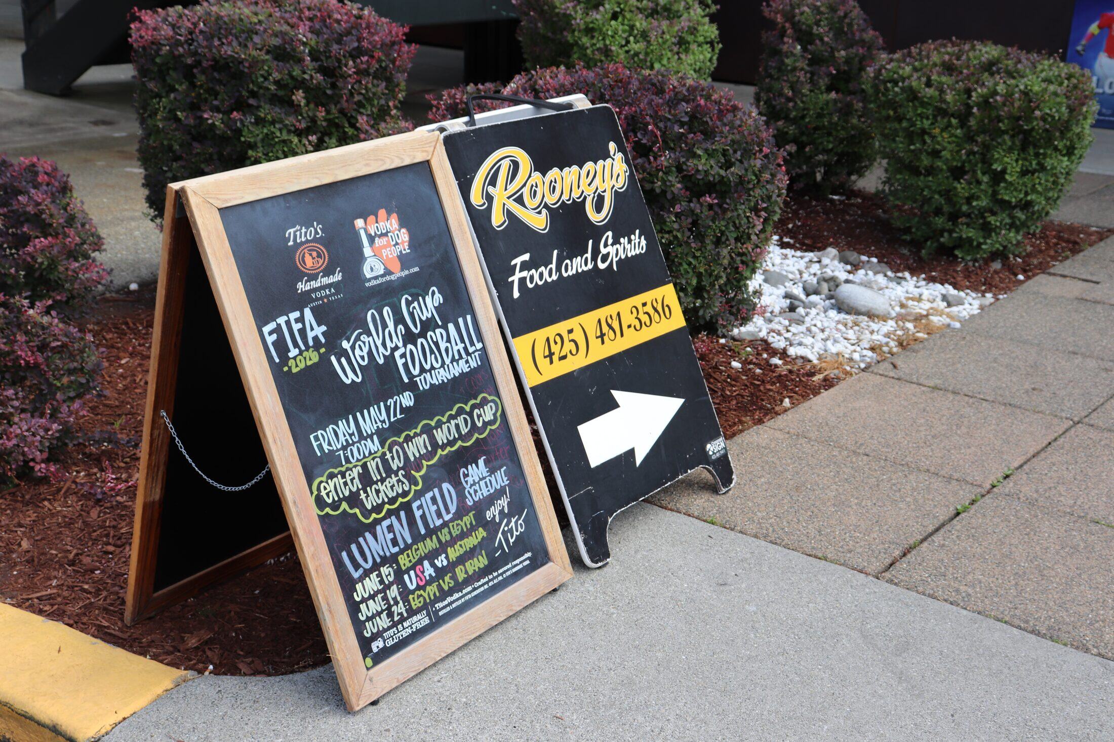Foosball table and World Cup 2026 sign at Rooneys in Woodinville